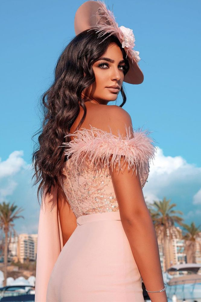 Sweetheart Sheath Evening Dress Sleeveless Slim Jumpsuit Beaded Feather Floor Length Party Gowns with Cape-Babyonlinewholesale