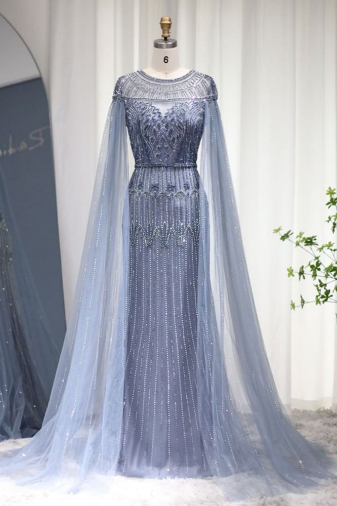Luxury Scoop Neck Beading Mermaid Evening Dress Cape Sleeves Dubai Wedding Party Gown