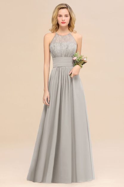 Purple Elegant Halter Hollow Lace Aline Maid of Honor Dress Floor Length Chiffon Bridesmaid Dress