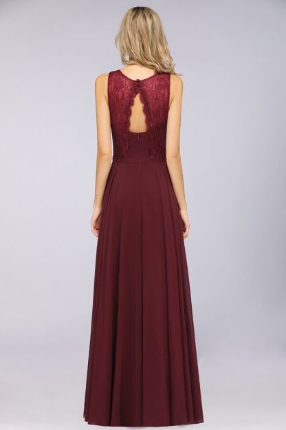 Chiffon A-Line Lace Jewel Sleeveless Hollowout Long Bridesmaid Dress