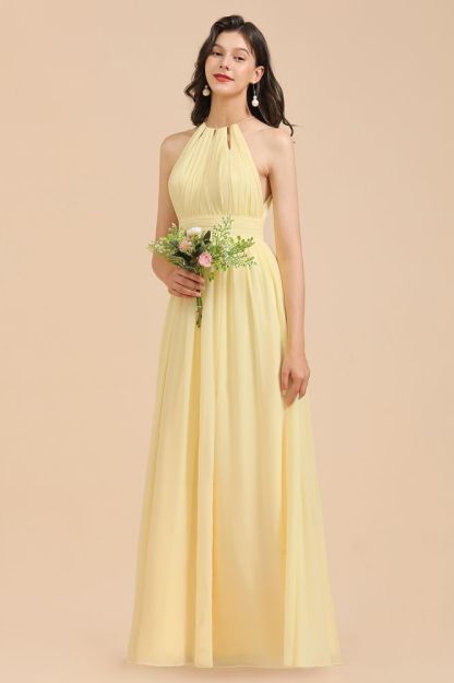 Halter Pleated Chiffon Daffodil Bridesmaid Dress Side Slit Long Wedding Party Dress