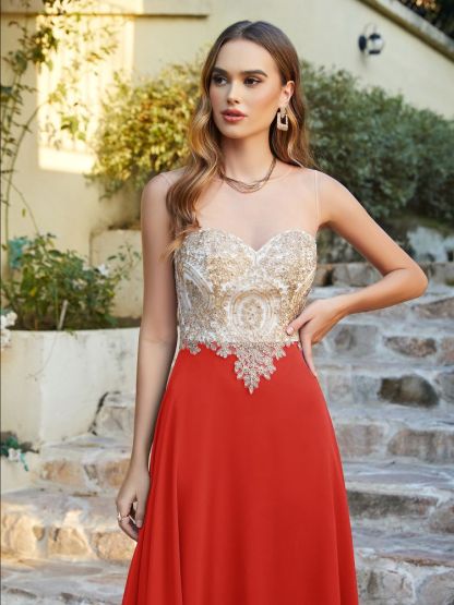 Sleeveless Lace Appliques Long Prom Dresses Chiffon Evening Party Gown