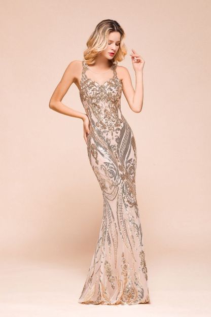 Sparkle Sequined High neck Sleevelss Rose Gold Mermaid Long Evening Dresses