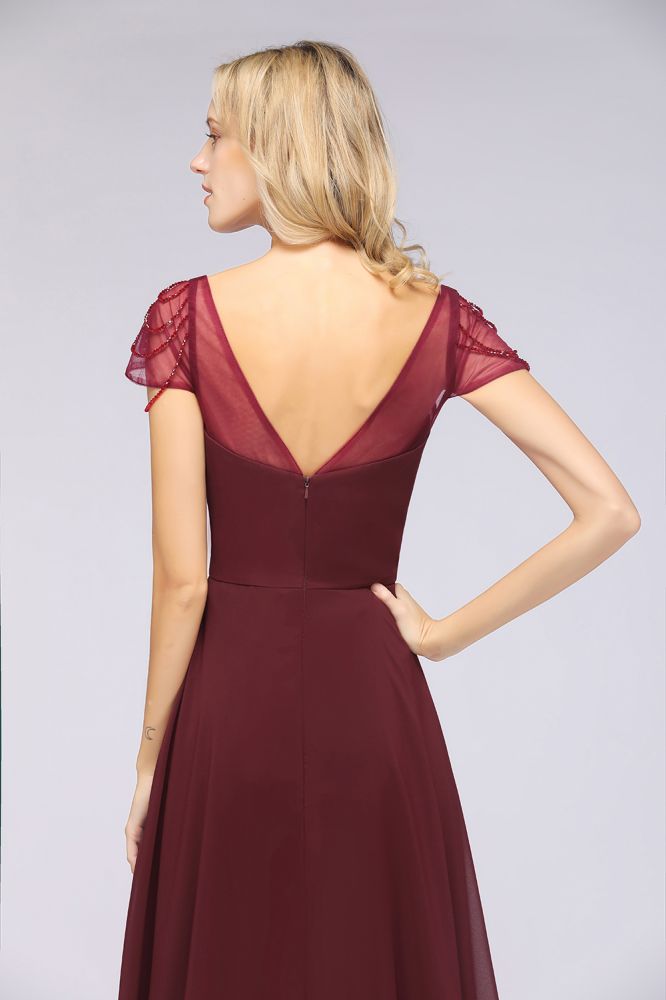 Chiffon A-Line Sweetheart Cap-Sleeves Ruffle Long Bridesmaid Dress with Beadings