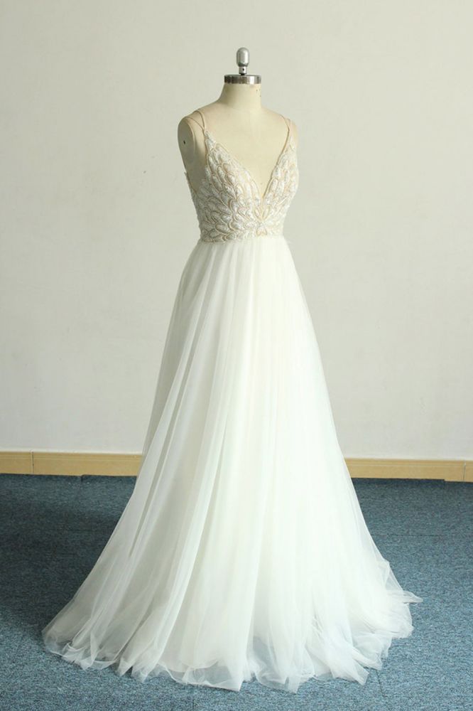 V-neck Lace White Floor length Simple Wedding Dresses