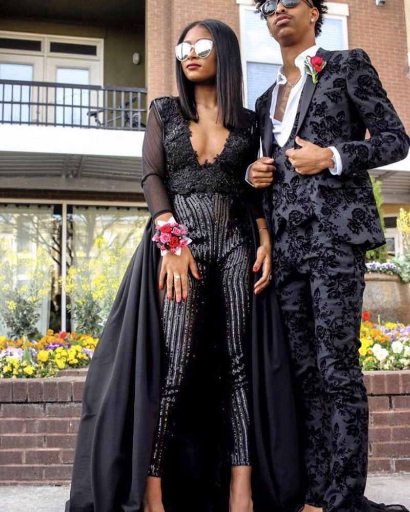 Special V Neck Long sleeves Lace Prom dresses with Sequins Trousers | Floor Length Evening Gowns With Zipper-Babyonlinewholesale