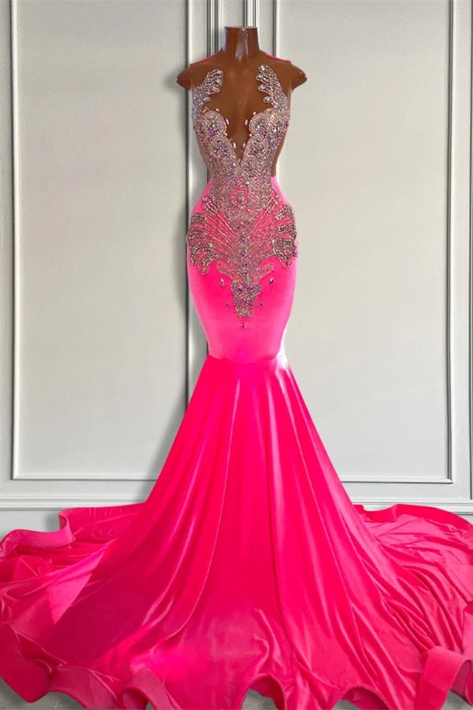 hot pink and silver prom dresses Mermaid Halter Beaded Dresses-Babyonlinewholesale VIP070824
