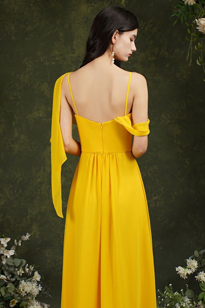 Yellow Spaghetti Straps Backless A-Line Chiffon Split Bridesmaid Dress With Pockets