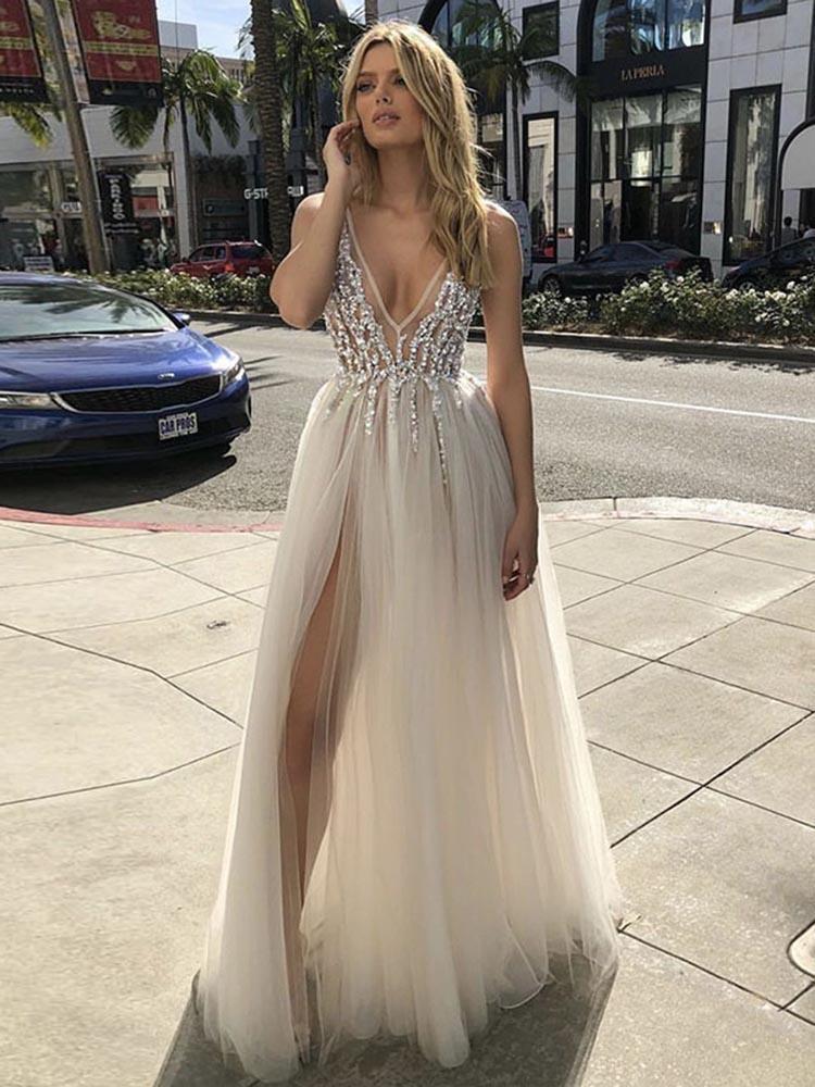 Champange A-line Tulle Boho Summer Wedding Dresses