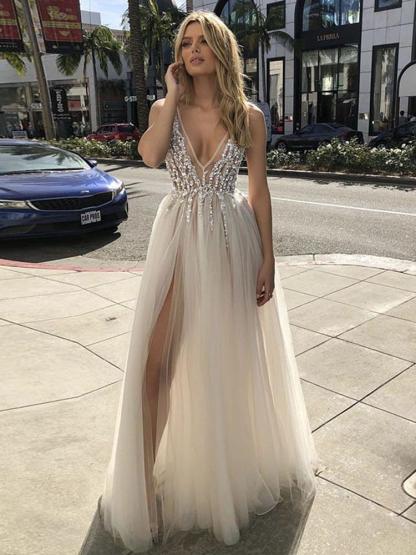 Champange A-line Tulle Boho Summer Wedding Dresses