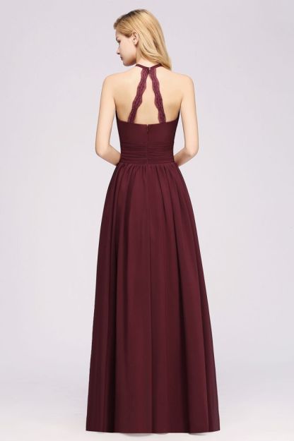 A-line Chiffon Appliques Halter Sleeveless Floor-Length Bridesmaid Dresses with Ruffles