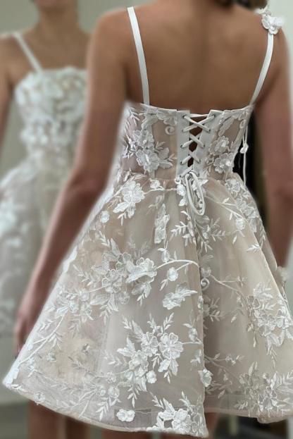 Square Neck Spaghetti Straps Sleeveless A-Line Lace Wedding Dresses Short with Appliques