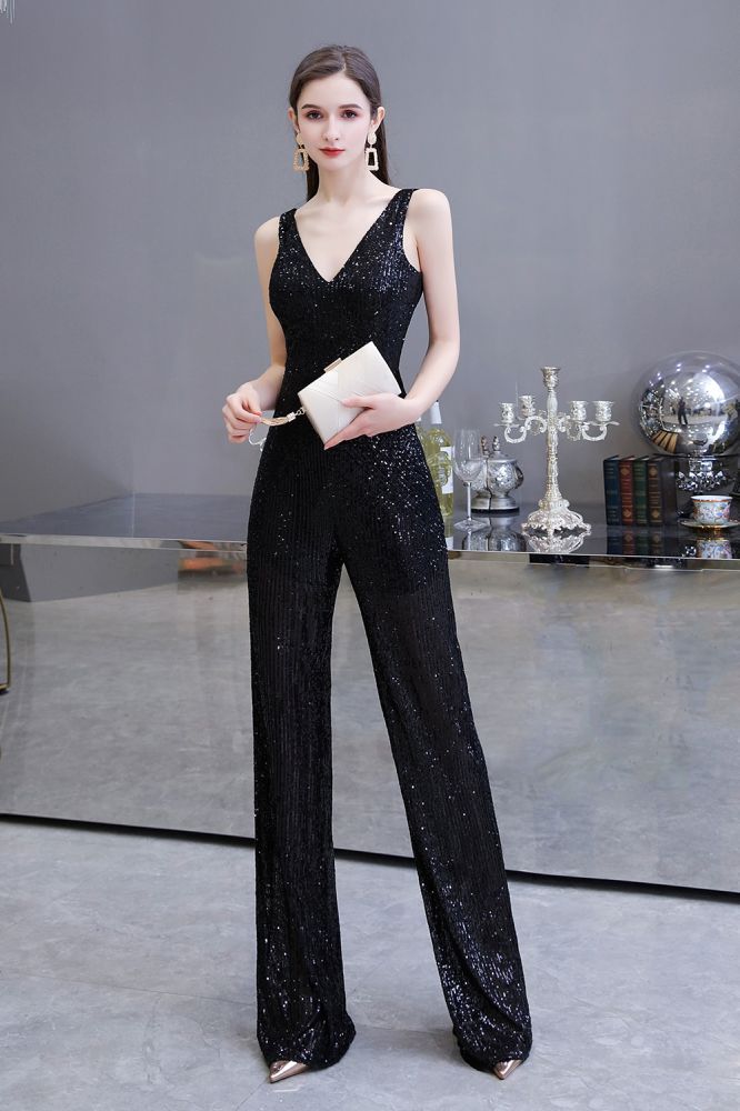 Sexy Shining V-neck Silver Sequin Sleeveless Prom Jumpsuit