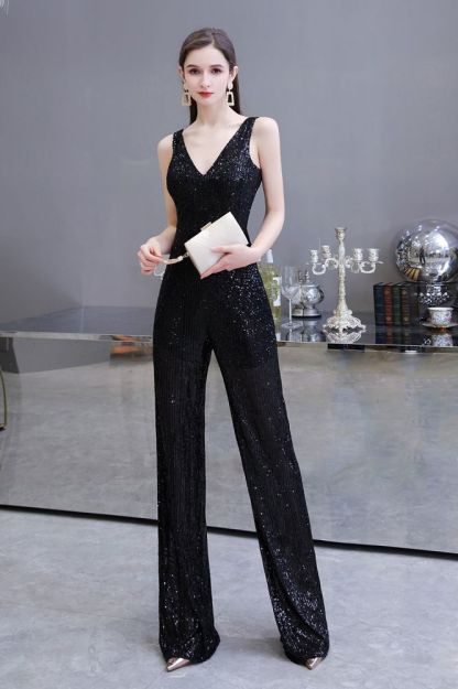 Sexy Shining V-neck Silver Sequin Sleeveless Prom Jumpsuit