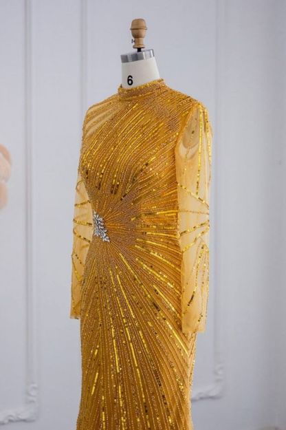 Elegant High Neck Long Sleeves Beading Mermaid Evening Gowns with Crystals Sash