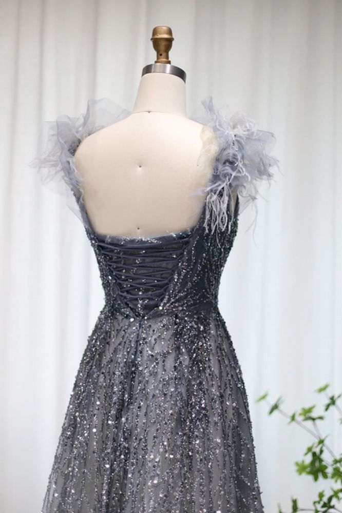 Luxury Glitter Sequins Aline Evening Party Dress V-Neck Fur Floor-Length Formal Dresses