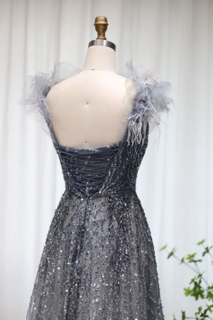 Luxury Glitter Sequins Aline Evening Party Dress V-Neck Fur Floor-Length Formal Dresses
