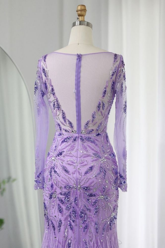 Elegant Scoop Neck Long Sleeves Front Slit Evening Dress Glitter Sequins Flower Fur Floor-Length Wedding Party Dress-Babyonlinewholesale