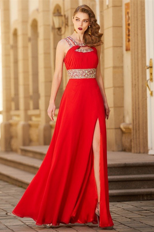 Silvered Beaded Empire Red Long Prom Dresses