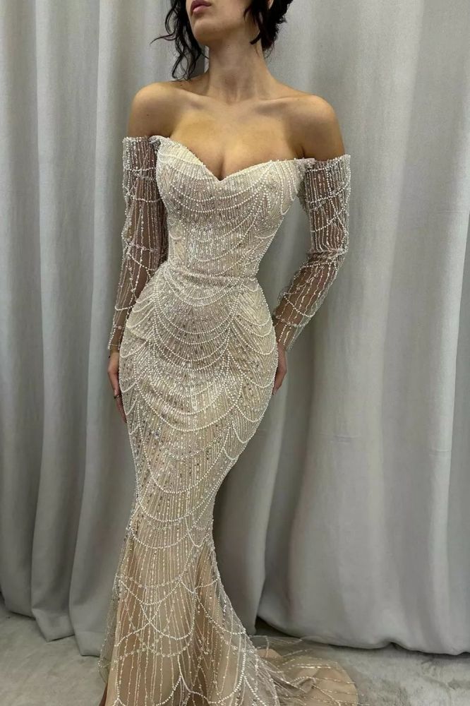 Off-the-Shoulder Long Sleeves Mermaid Prom Dresses Sequins Beadings With Pearls Party Dress