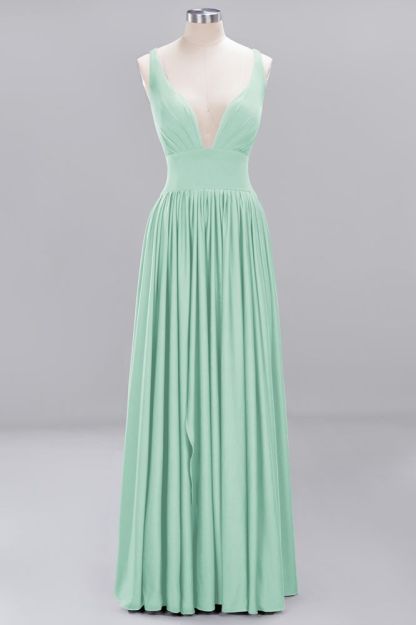 A-Line Jersey V-Neck Sleeveless Long Bridesmaid with Ruffles