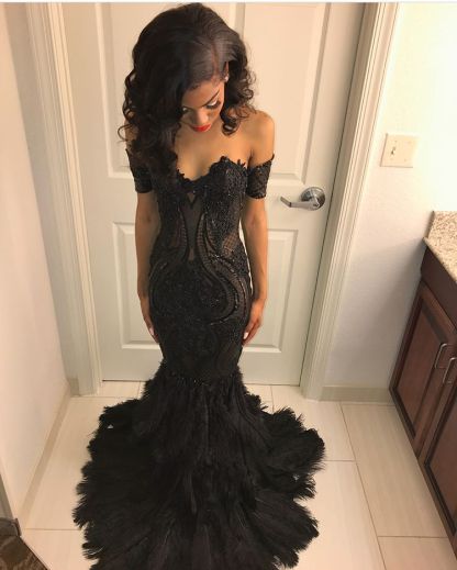 Beads Unique Lace Appliques Feather Prom Dresses | Off-The-Shoulder Fit and Flare Evening Gowns