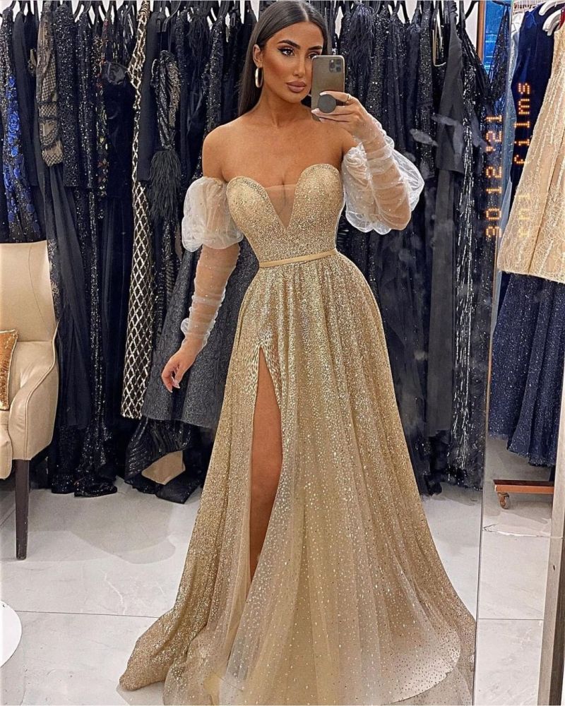 Off the shoulder Bubble Sleeves Sparkle A-line Prom Dresses