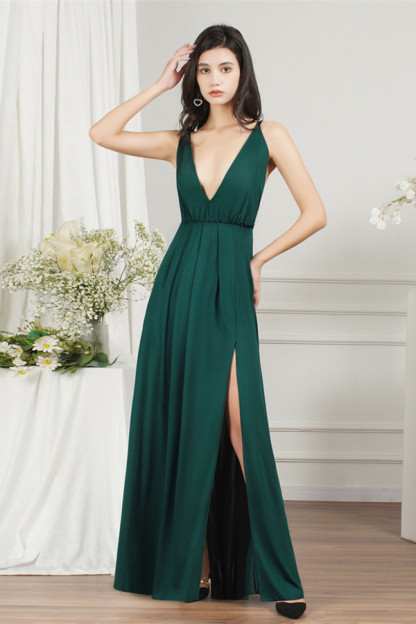 Sexy Plunging V-neck Criss-cross Back High split Spandex Prom Dresses
