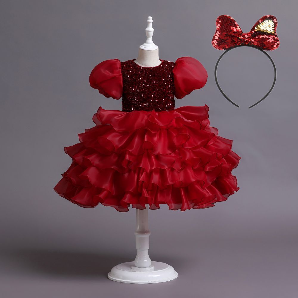 Navy blue cap sleeves ruffle luxury flower gril dress