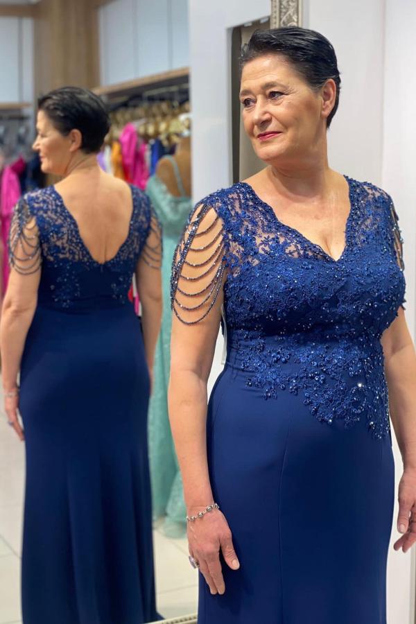 Navy blue v-neck column mother of the bride dress