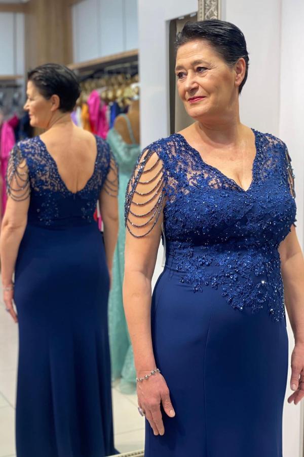 Navy blue v-neck column mother of the bride dress