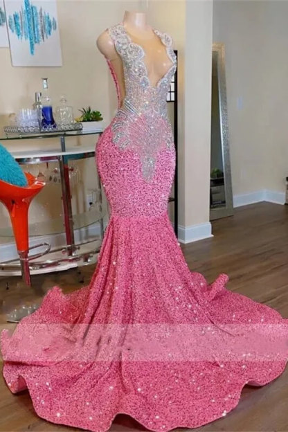 Sleeveless Silver Beaded Pink Sequin Mermaid Prom Dresses