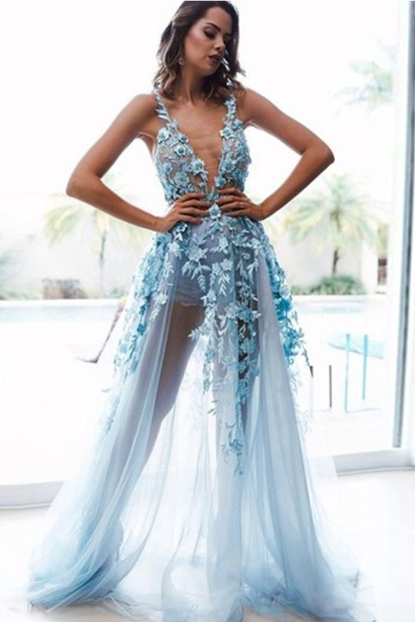 Romantic Sky Blue Deep V-neck A-line See-through Sexy Backless Sleeveless Prom Dress