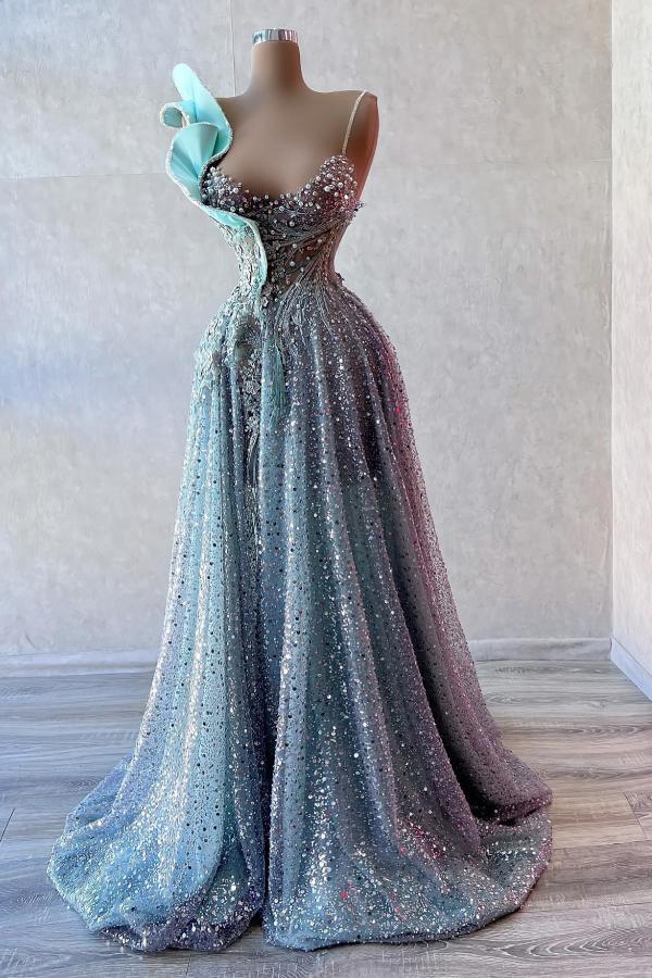 Dusty Blue One shoulder Flowers Empire Prom Dresses