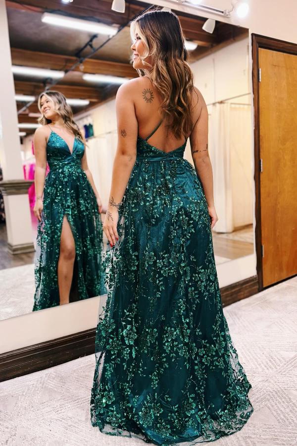Classic Floo-Length V-Neck Spaghetti Straps Sleeveless A-Line Satin Lace Prom Dresses with Slit