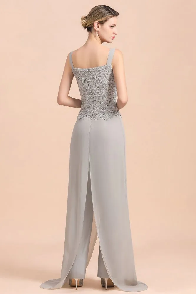 Silver Chiffon Motherr of the Bride Dress Lace Appliques JumpSuit with Long Sleeves