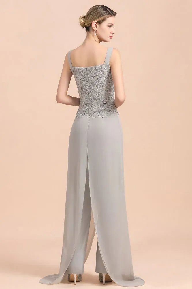 Silver Chiffon Motherr of the Bride Dress Lace Appliques JumpSuit with Long Sleeves