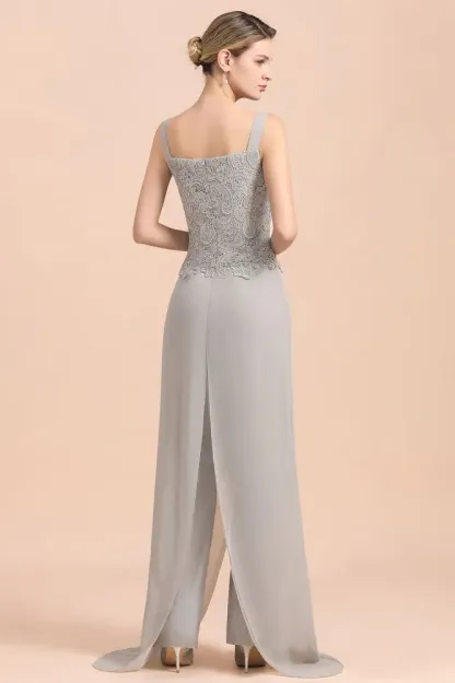 Silver Chiffon Motherr of the Bride Dress Lace Appliques JumpSuit with Long Sleeves