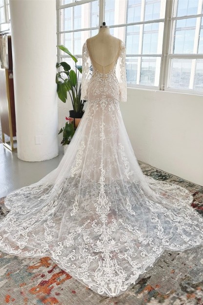 Charming Jewel Long Sleeves Chapel Mermaid Wedding Dress