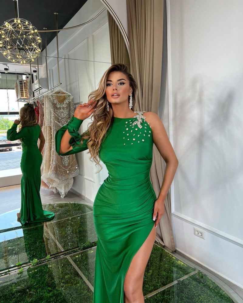 Emerald Green High neck Column High Split Prom Dresses