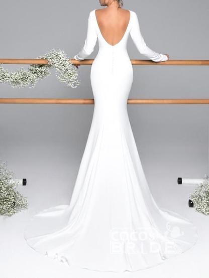 White High Round neck Mermaid Long sleeve Elegant Wedding Dresses