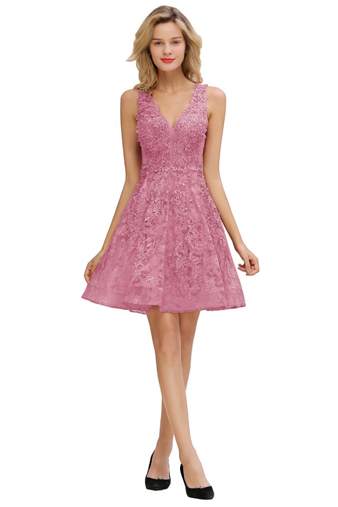 Princess V-neck Knee Length Lace Appliqued Homecoming Dresses | Burgundy Dress for Homecoming