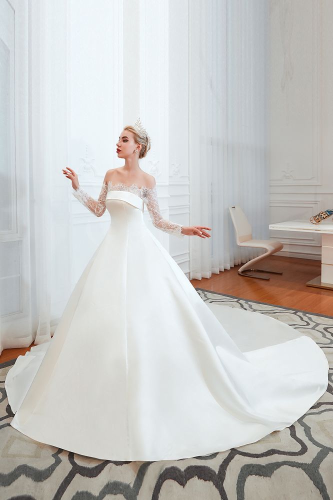 Romantic Lace Long Sleeves Princess Satin Wedding Dress | Princess Bridal Gowns with Cathedral Train