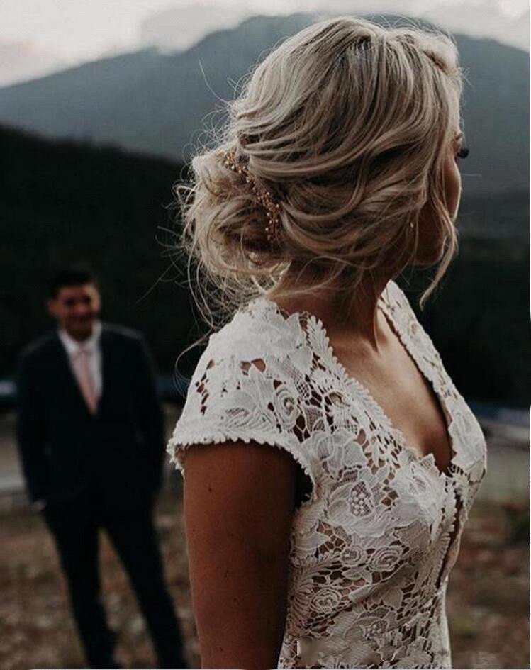 Cap sleeves Sexy Backless Lace Ivory Court Train Boho Wedding Dress