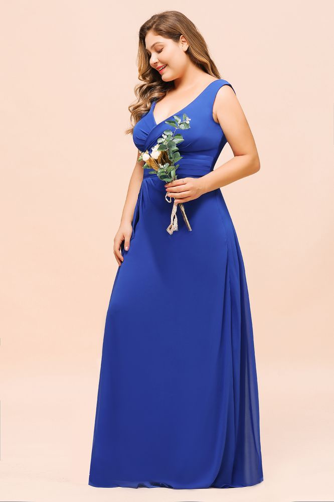 Plus Size V-Neck Ocean Blue V-Neck Aline Evening Dress for Women Long Bridesmaid Dress