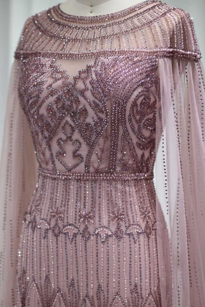 Luxury Scoop Neck Beading Mermaid Evening Dress Cape Sleeves Dubai Wedding Party Gown