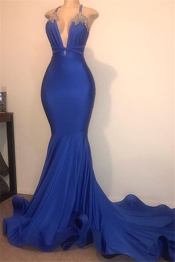 Gorgeous Spaghetti Straps Beads Appliques Prom Dresses | Elegant Alluring Sexy V-neck Fit and Flare Evening Gowns-Babyonlinewholesale