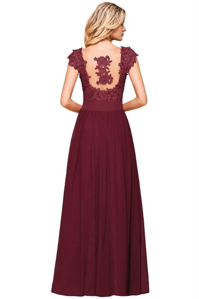 Burgundy Cap sleeves Lace Evening Gowns with Appliques | Chiffon Long Mother of the bride dress