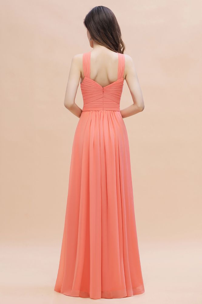 Cross Neck Chiffon Long Bridesmaid Dress Coral Beach Wedding Guest Dress