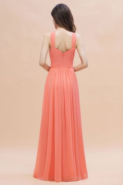Cross Neck Chiffon Long Bridesmaid Dress Coral Beach Wedding Guest Dress